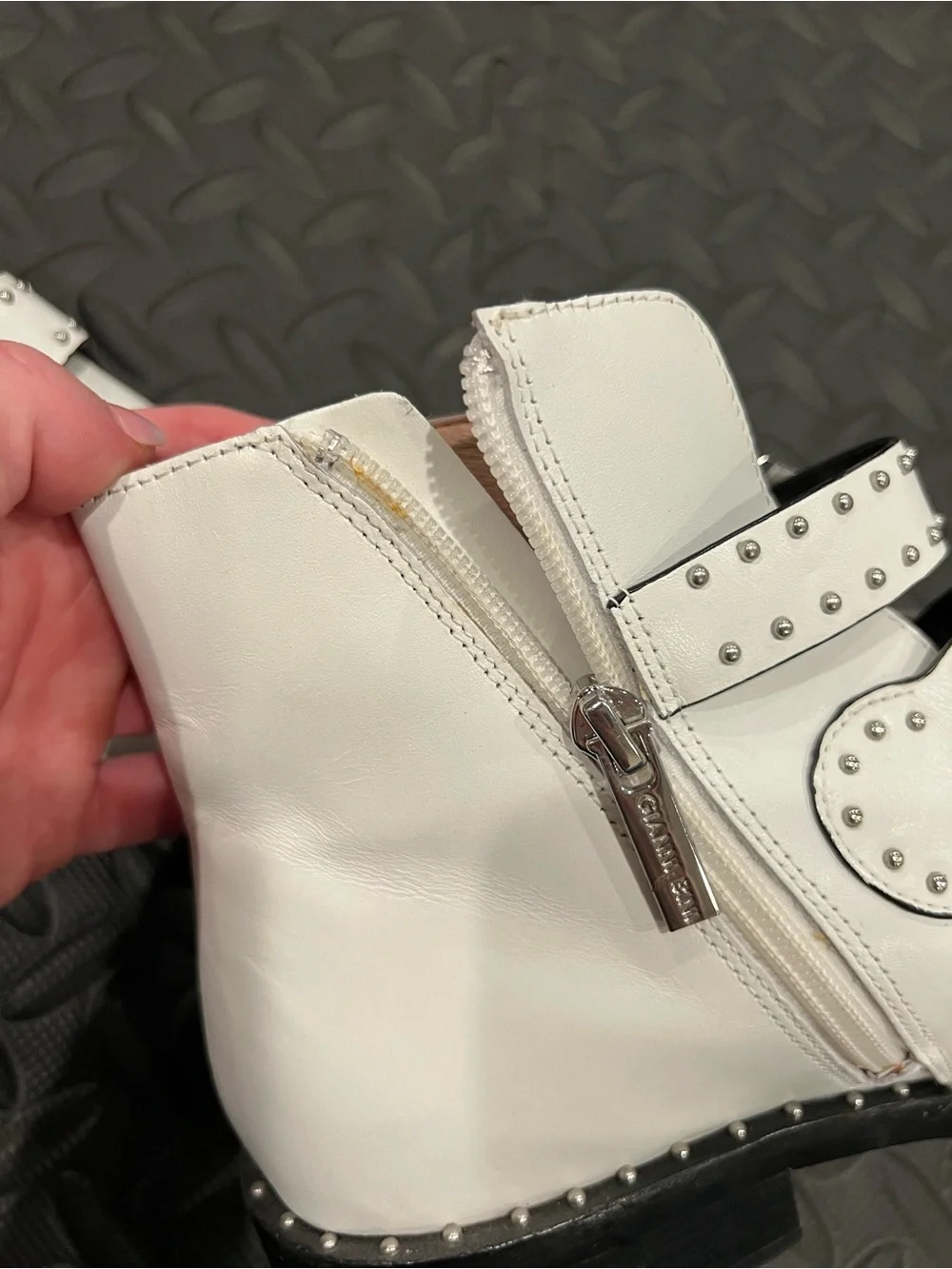 Gianni Bini White Studded Triple-Buckle Ankle Boots